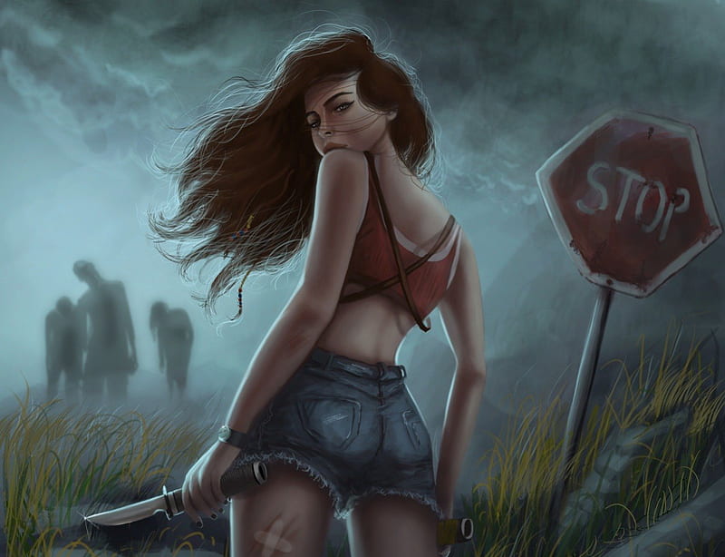 Zombie Hunting, zombies, stop sign, grass, storm, woman, HD wallpaper