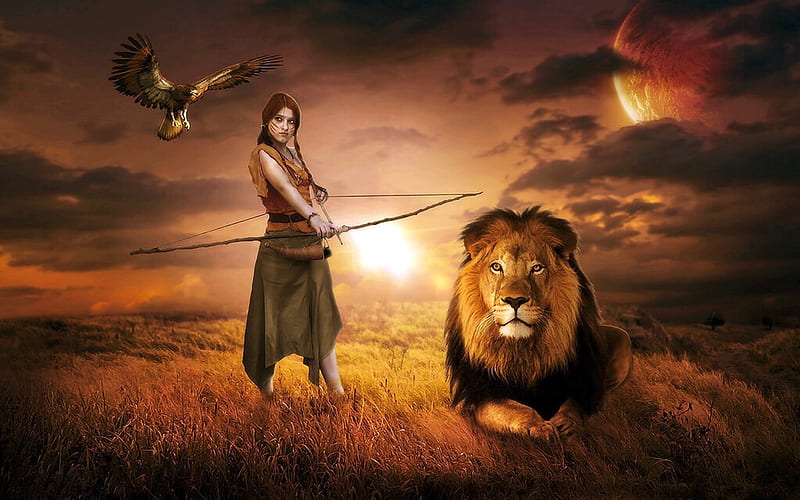 Female Fantasy Warrior, brown, eagle, woman, Fantasy, lion, bow and arrow, enchanting, warrior, Clouds, HD wallpaper