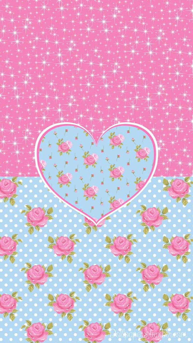 flowered heart, blue, flowers, pink, roses, sparkle, HD phone wallpaper