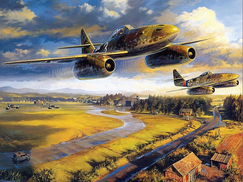 Me 262 Squadron, art, german, me, ww2, me-262, me262, messerschmitt, 262, airplane, plane, wwii, drawing, painting, jet, HD wallpaper