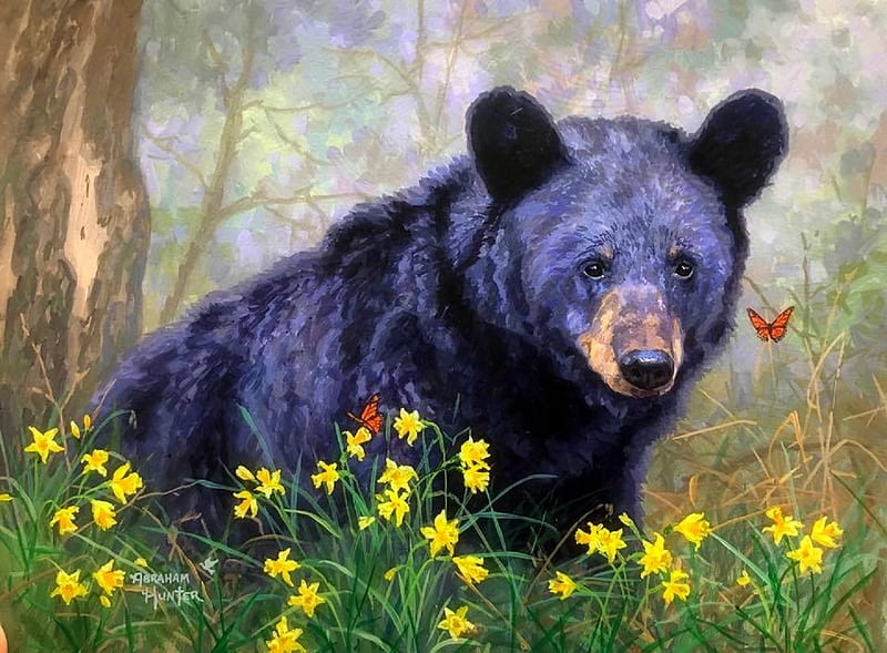 Childlike Wonder, bear, love four seasons, butterflies, spring, paintings, butterfly, flowers, forests, animals, HD wallpaper