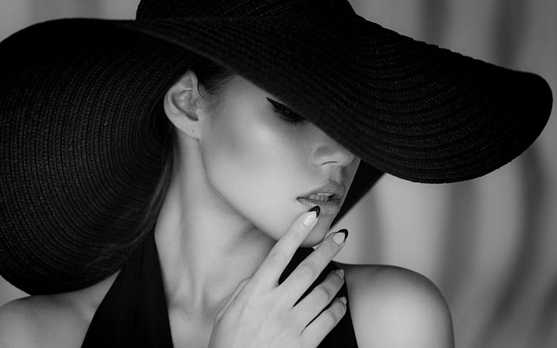 Pretty woman, Fashion, Model, Black and white, Hat, Face, HD wallpaper ...