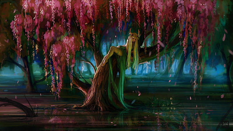 Demoness, pink, lake, frumusete, luminos, exellero, tree, demon, fantasy, water, green, girl, blue, HD wallpaper