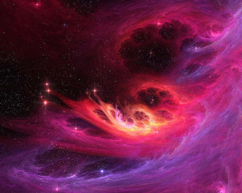 Pink and purple, stars, space, black, yellow, sky, nebula, purple, pink, light, HD wallpaper