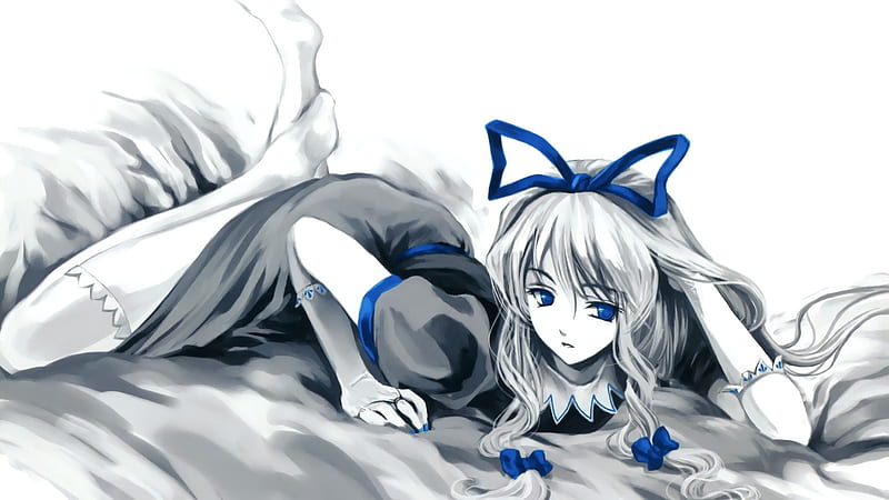 Misaki Kurehito, cute, girl, anime, black, bonito, bow, blue, HD wallpaper