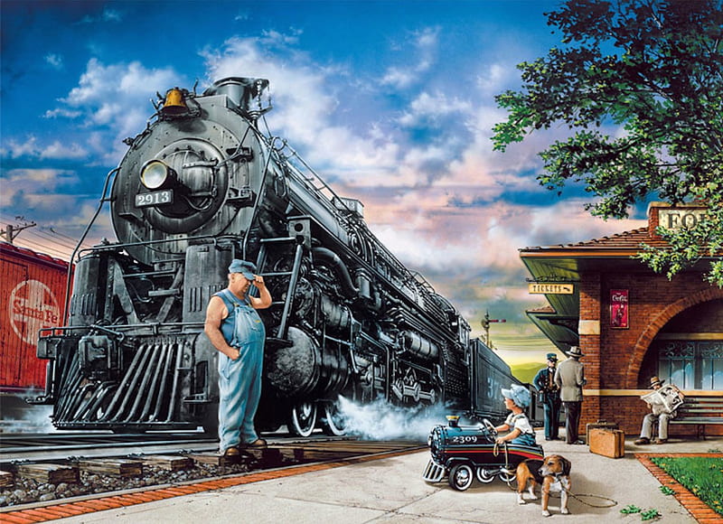 The New Apprentice Driver, trains, train driver, station, steam, driver, dog, HD wallpaper