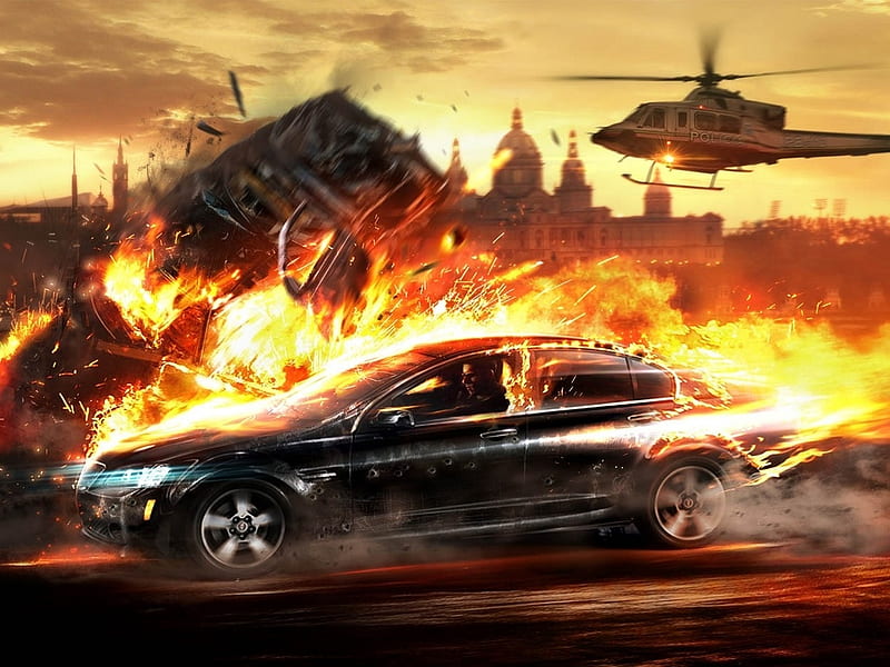 The Wheelman, race, speed, flames, vin diesel, helicopter, accident, HD wallpaper