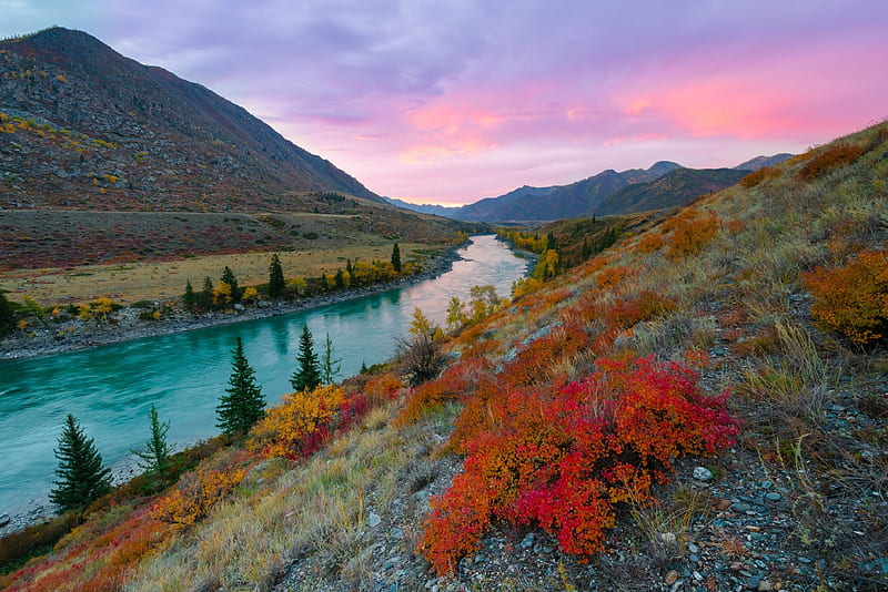 Autumn on the River in Altai Krai, autumn, river, nature, sky, mountains, HD wallpaper