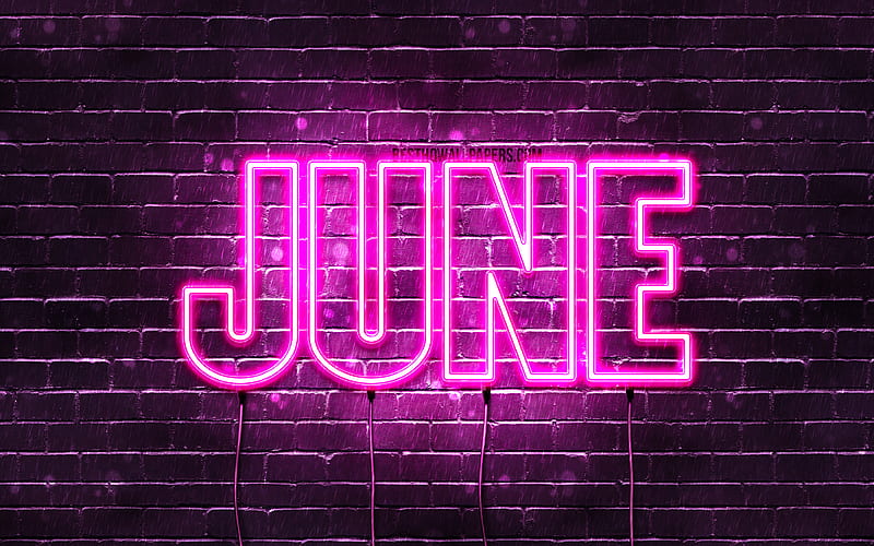 June with names, female names, June name, purple neon lights, horizontal text, with June name, HD wallpaper
