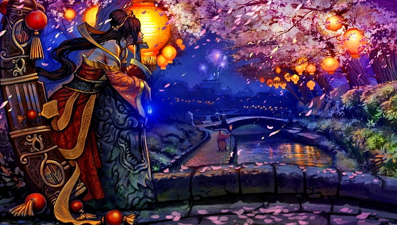 Cherry Blossom Festival, fantasy, lanterns, eastern, fireworks, cherry blossoms, women, HD wallpaper