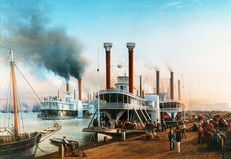 Giant Steamboats, ships, pier, painting, artwork, harbor, HD wallpaper
