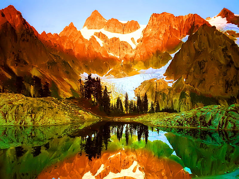 Majestic mountain, mountain, peaks, nayure, majestic, reflection, lake, HD wallpaper