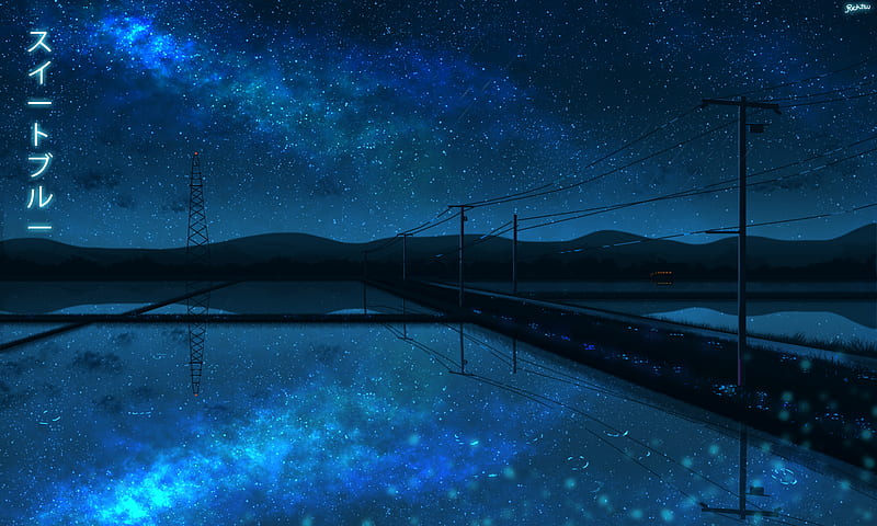 Anime, Landscape, Night, Power Line, Sky, Stars, Water, HD wallpaper