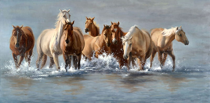 River Run 1, art, equine, bonito, horse, artwork, animal, Palominos, water, painting, wide screen, river, HD wallpaper