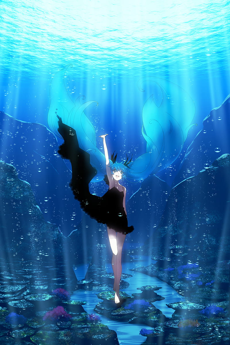 anime girls, deep sea, anime, underwater, water, dress, black dress, arms up, women, standing, Pixiv, HD phone wallpaper
