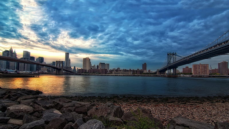 awesome view of famous nyc bridges, rocks, city, bridges, river, sunset, HD wallpaper