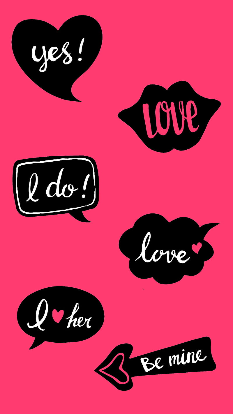 Love Conversation, Kiss, arrow, black, bubbles, heart, corazones, lips, mine, pink, smooch, thought, word, yes, HD phone wallpaper