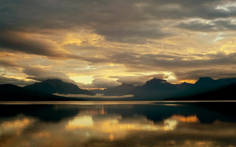 McDonald Lake, water, reflection, clouds, mountains, HD wallpaper