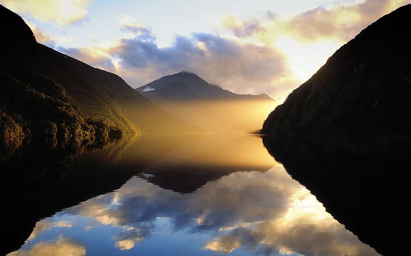Landscape, Sunset, Sky, Mountain, Lake, Reflection, New Zealand, Fog, Sunrise, , Cloud, River, Scenic, Sunbeam, HD wallpaper