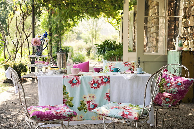 Tea Rose Garden, pretty, dinner, table, lovely, bonito, spring, home decor, Romantic, tea, porch, summer, cup, flowers, garden, pink, HD wallpaper