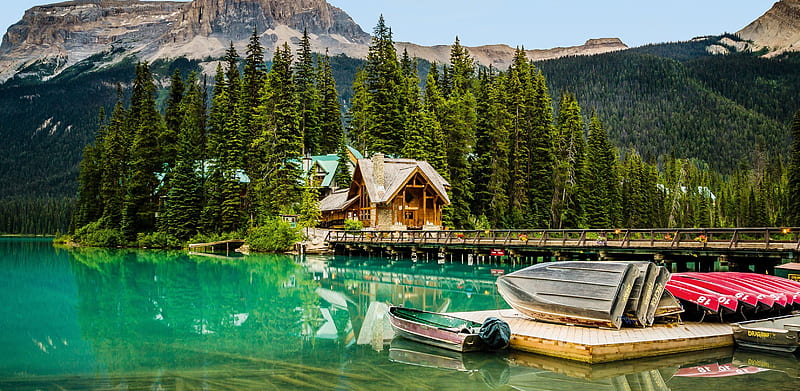 Emerald Lake Lodge, Yoho National Park, pier, canada, forest, alberta, boats, mountains, HD wallpaper