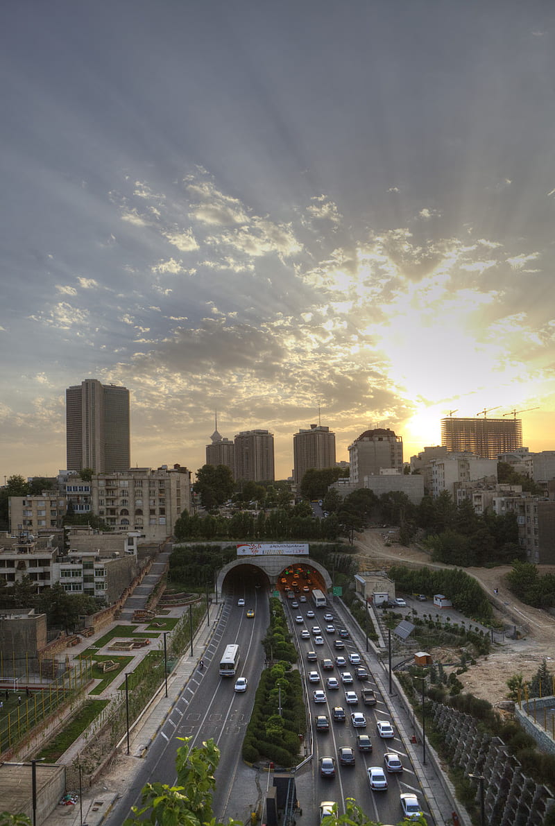 Iran, city, cityscape, sky, traffic, vehicle, sunlight, HD phone wallpaper