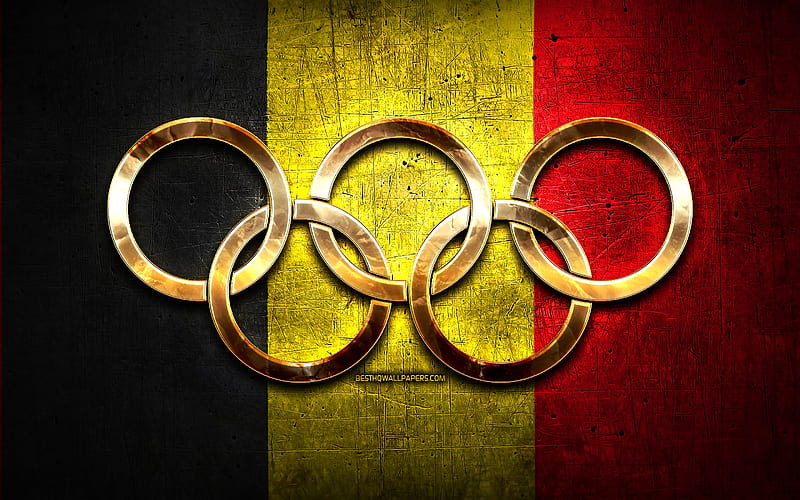 Belgian olympic team, golden olympic rings, Belgium at the Olympics, creative, Belgian flag, metal background, Belgium Olympic Team, flag of Belgium, HD wallpaper