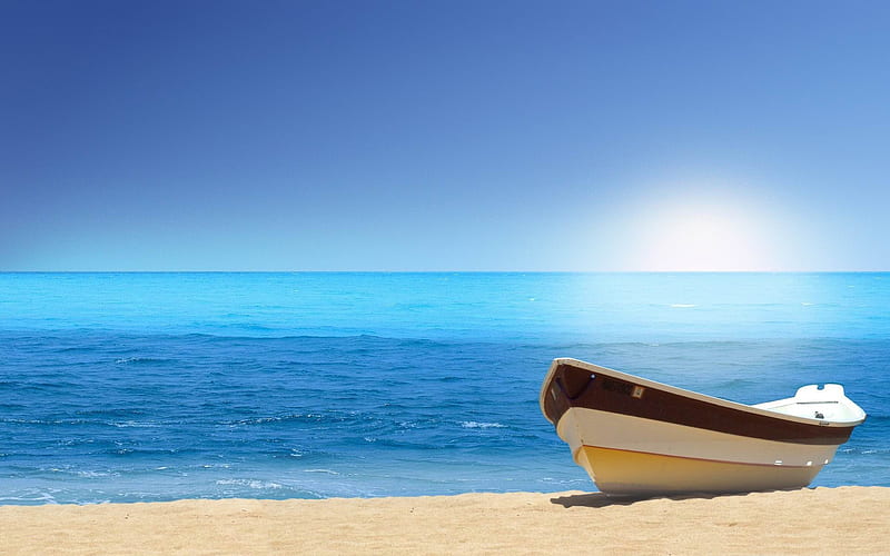 boat on the beach sunny day-Beach Landscape, HD wallpaper