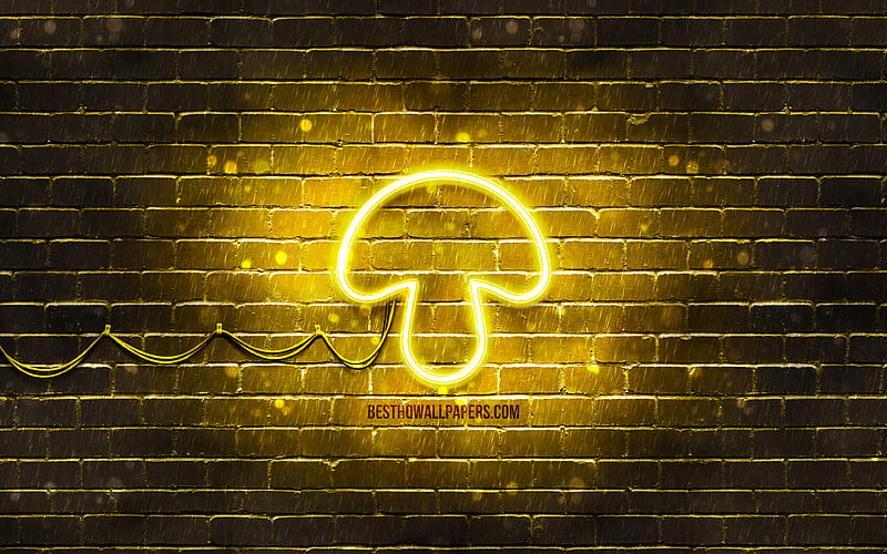Mushroom neon icon yellow background, neon symbols, Mushroom, creative, neon icons, Mushroom sign, food signs, Mushroom icon, food icons, HD wallpaper
