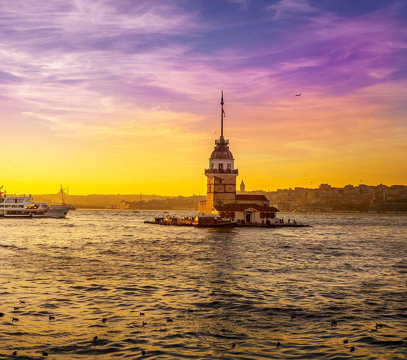 Turkey, istanbul, maiden, sunrise, sunset, tower, HD wallpaper