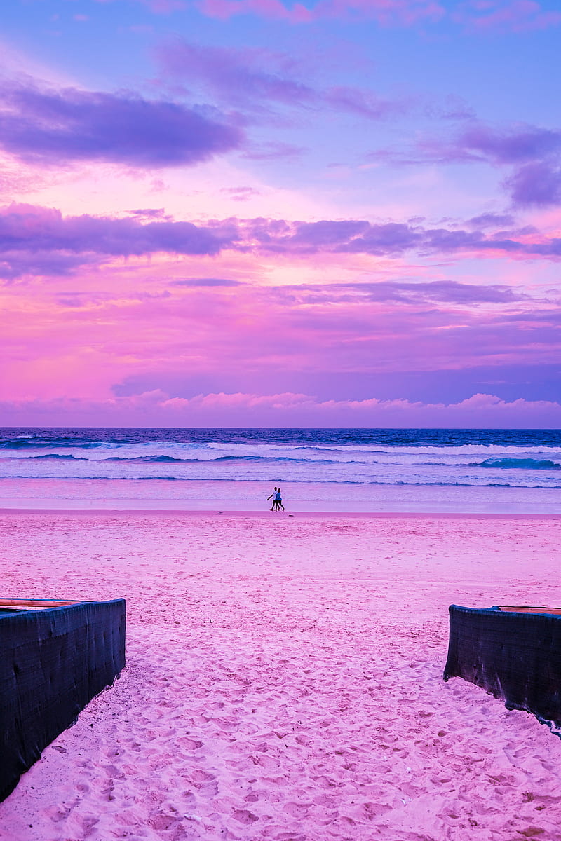 Sunset Walk, aesthetic, beach, clouds, couple, landscape, love, ocean, pink, purple, HD phone wallpaper