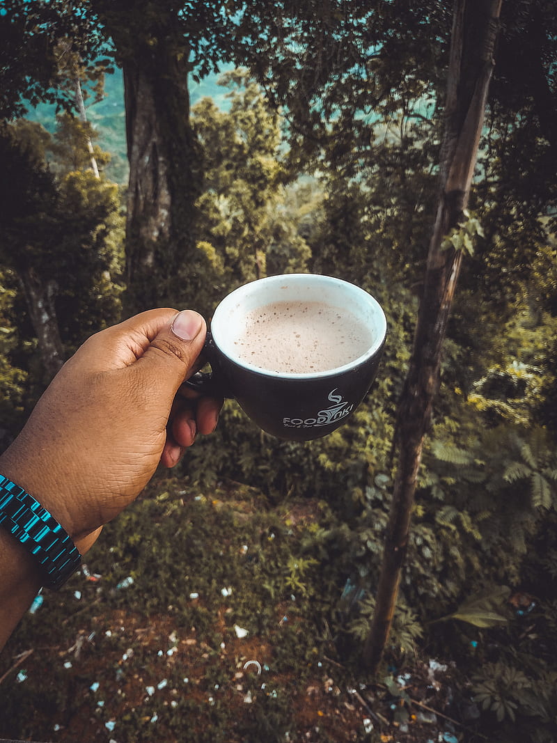 a cup of coffee, mountain, skyt, tree, HD phone wallpaper
