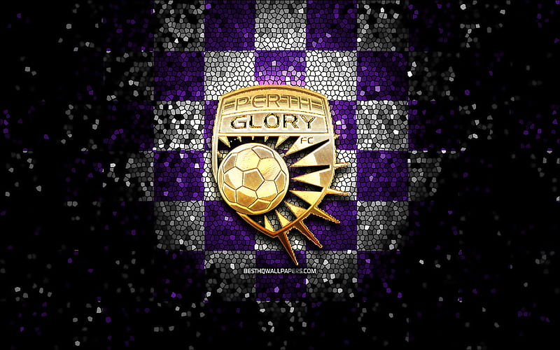 Perth Glory FC, glitter logo, A-League, violet white checkered background, soccer, australian football club, Perth Glory logo, Australia, mosaic art, football, Perth Glory, HD wallpaper