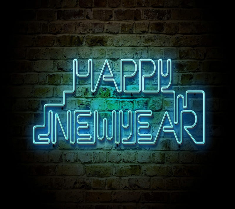Happy New Year, 2013, bricks, cool, holiday, lights, neon, wall, HD wallpaper