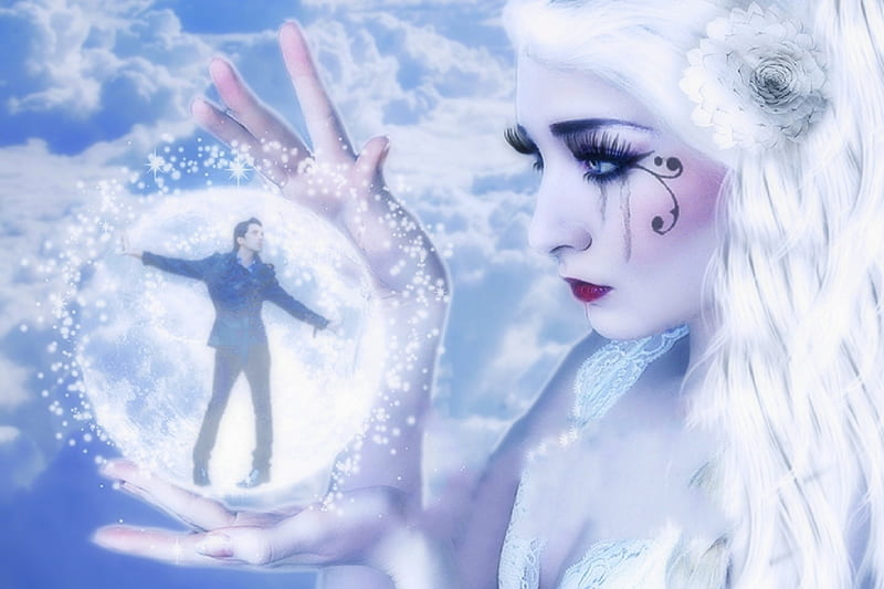 We'll be Together, love four seasons, man, glass ball, creative pre-made, digital art, woman, xmas and new year, winter, fantasy, manipulation, snow, weird things people wear, HD wallpaper