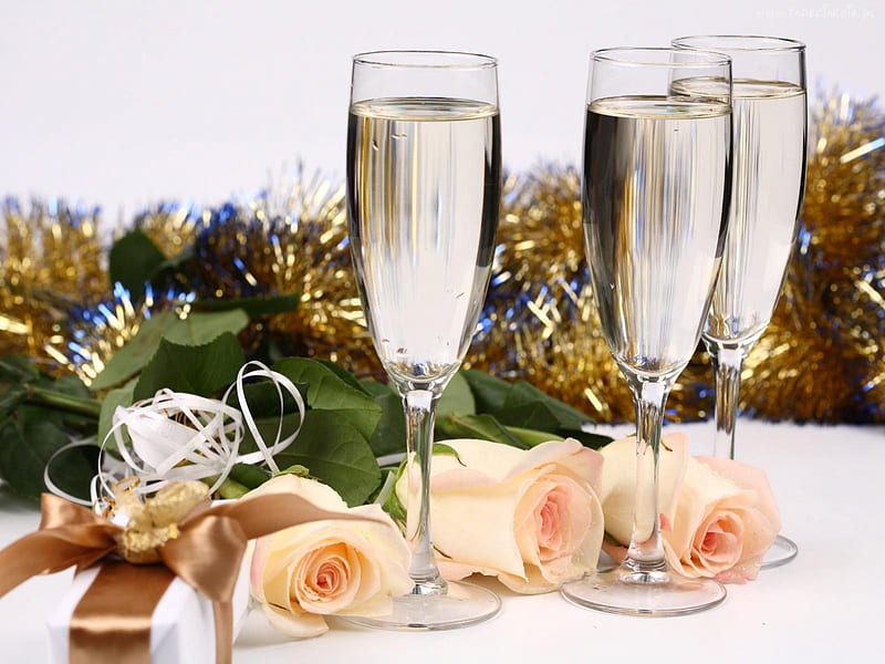 Roses & Champagne in New Year, festival, holidays, jolly, tinsel, bonito, ribbons, seasons, greetings, sweet, 2013, graphy, stemware, roses n champagne in new year, lovely, romantic, christmas, new year, roses, winter, happy, glass, festive, champagne, gifts, celebrations, HD wallpaper