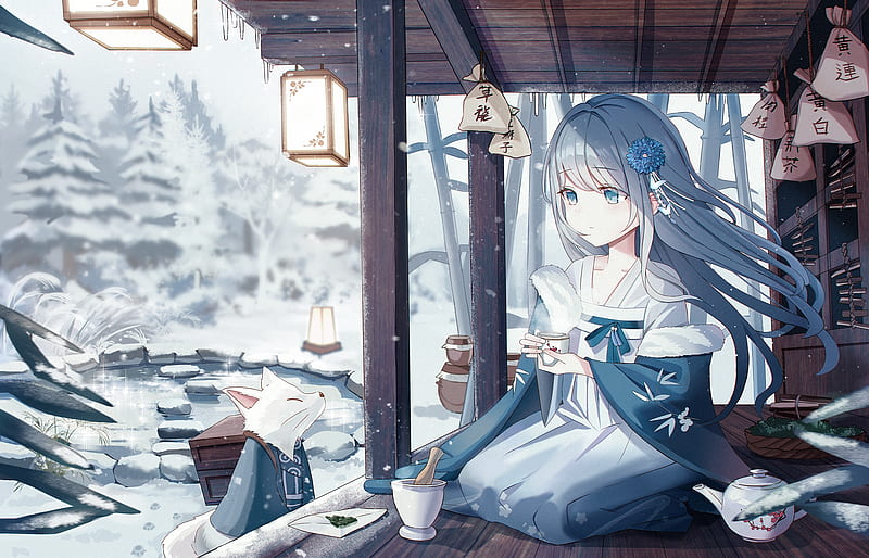 anime girl, white hair, chinese dress, snow, fox, cute, Anime, HD wallpaper