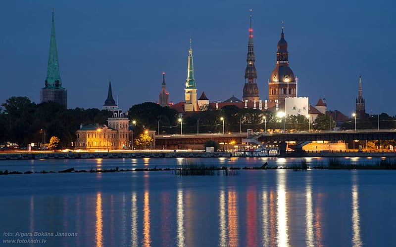 Riga, Latvia, River Daugava, Riga, cityscape, Latvia, night, lights, HD wallpaper