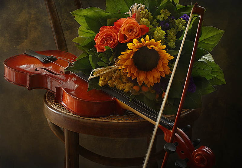 still life, pretty, rose, bonito, old, graphy, nice, flowers, beauty, chair, harmony violin, lovely, romantic, romance, music, sunflower, roses, elegantly, cool, bouquet, flower, HD wallpaper