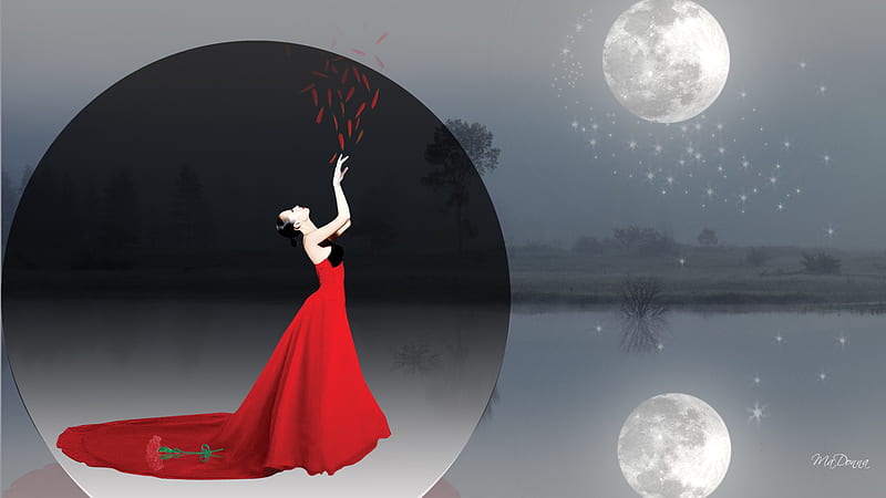 Mysterious Lady in Red, mystery, stars, red dress, black and white, firefox persona, mysterious, trees, woman, water, full moon, reflection, lady, HD wallpaper
