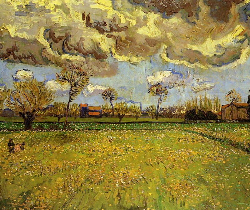 Van Gogh's Landscape Under a Stormy Sky, stormy night, van gogh, artwork, landscape, HD wallpaper