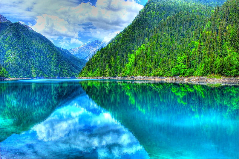 Jiuzhaigou National Park, R, forest, China, turquoise water, bonito, clouds, lake, mountains, summer, reflection, HD wallpaper