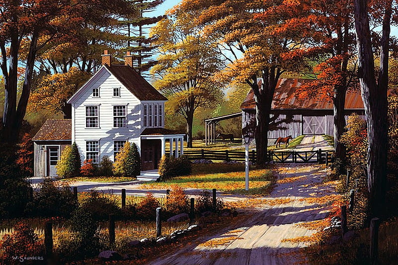 Rustling Leaves, autumn, house, painting, path, season, trees, artwork, barn, HD wallpaper