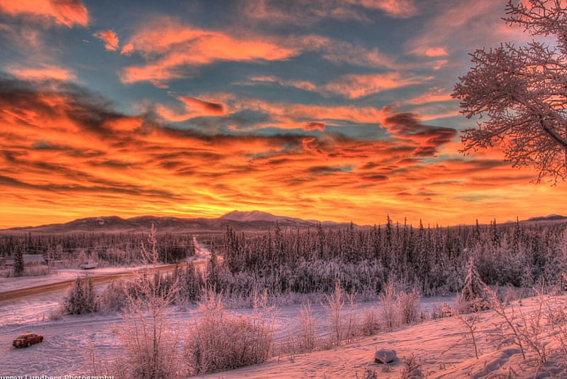 Sunset at Alaska Highway, snow, colors, trees, clouds, sky, winter, HD wallpaper