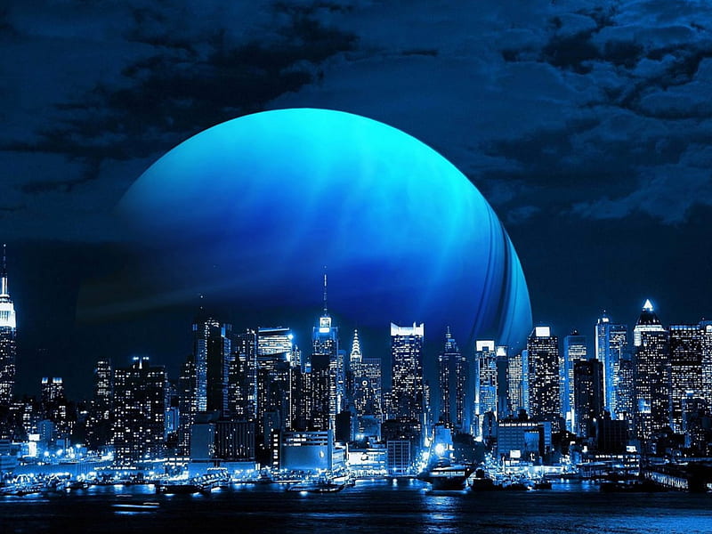Blue Moon, city, night, HD wallpaper