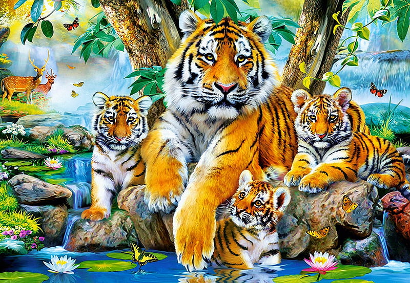 Tigers by the stream, mother, waterlily, water, painting, cubs, butterflies, artwork, HD wallpaper