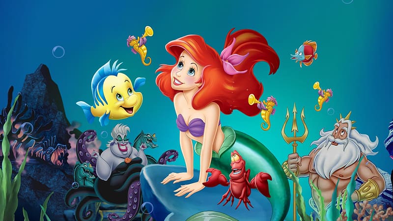 Fish, Crab, Mermaid, Seahorse, Trident, Movie, Red Hair, The Little Mermaid, Ariel (The Little Mermaid), Merman, The Little Mermaid (1989), Ursula (The Little Mermaid), Flounder (The Little Mermaid), Sebastian (The Little Mermaid), King Triton, HD wallpaper