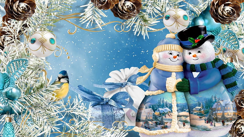 Cute Little Snowmen, Christmas, Feliz Navidad, cones, snowman, winter, bird, fir, gifts, blue, HD wallpaper