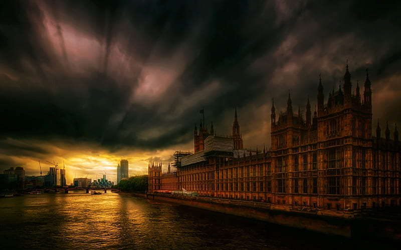 Parliament, London, Thames, sunset, evening, England, UK, HD wallpaper