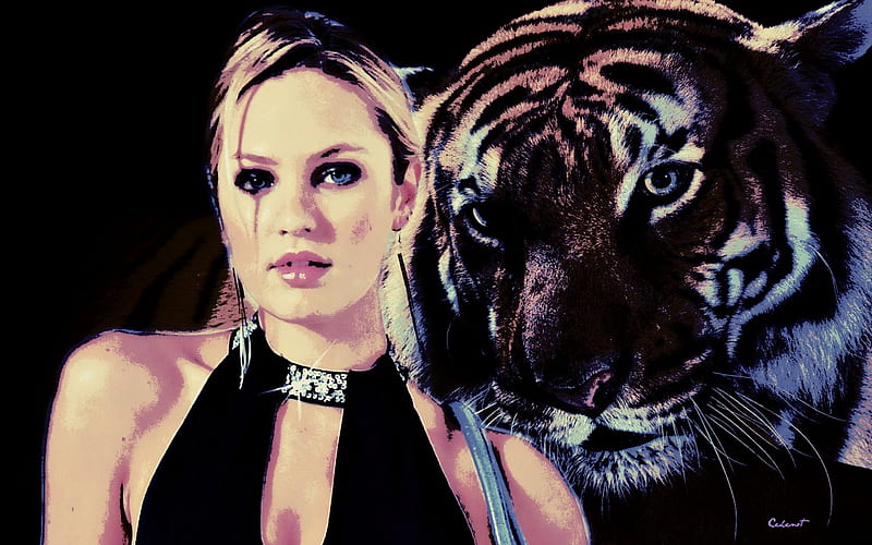 Candice Swanepoel (fantasy), poster, art, model, head, black, tiger, by cehenot, woman, animal, girl, purple, wild, pink, Candice Swanepoel, HD wallpaper